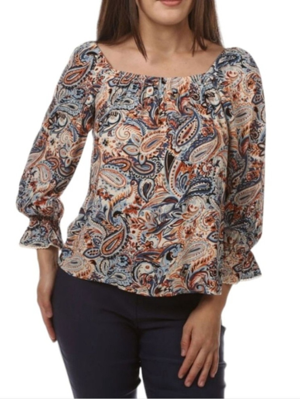 I.N. Studio Paisley Peasant Blouse - Blue & Rust